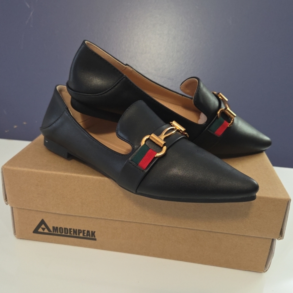 NIB Modenpeak Womens 7.5 B Ballet Flats Black Horsebit Pointy Toe